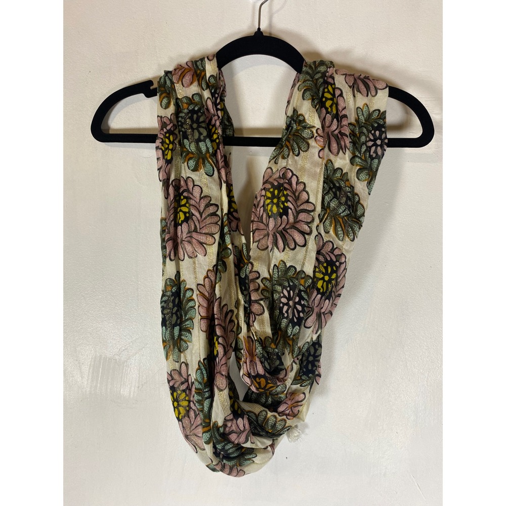 LOFT Floral‎ Infinity Scarf Gold Shimmer Metallic Pom Poms Boho Lightweight